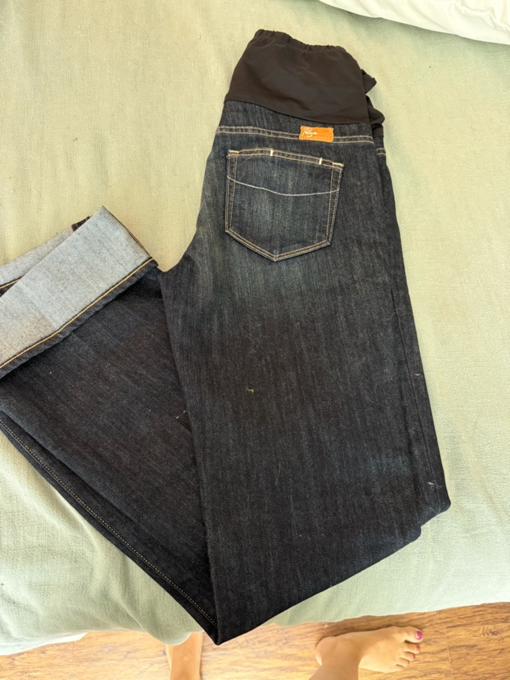 PAIGE Dark Blue Maternity Flare Jeans with Black Waistband